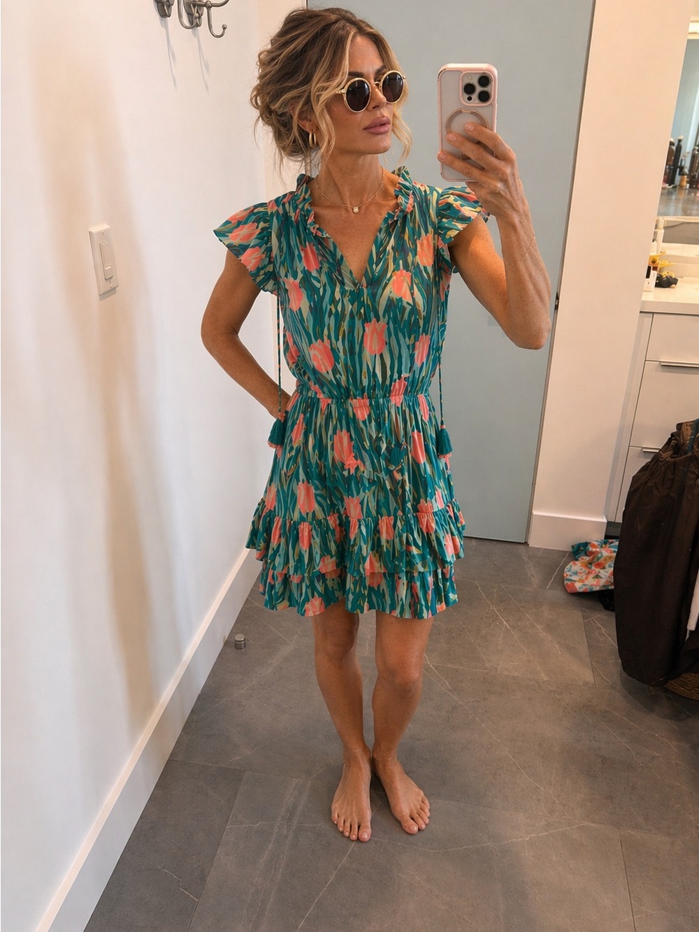 Floral Ruffle Tiered Skirt Set in Teal and Coral, Like NEW